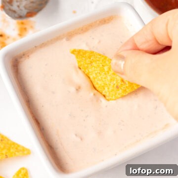 Close up of a hand dipping a yellow tortilla chip into a salsa sour cream dip that's in a white square dish. Surrounding the dish are a bowl of salsa, a dirty spoon with salsa on it, and yellow tortilla chips.