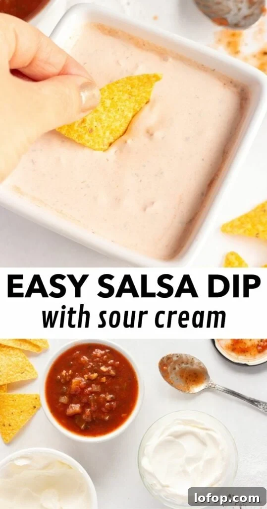 a pin for easy salsa dip with sour cream, showing an image of a hand dipping a yellow tortilla chip into the dip that's in a white square dish on the top and an image of two bowls, one with sour cream and one with salsa, on the bottom, with black text on a white background in the middle.