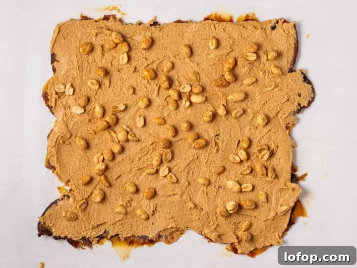 Chopped peanuts scattered over the peanut butter layer