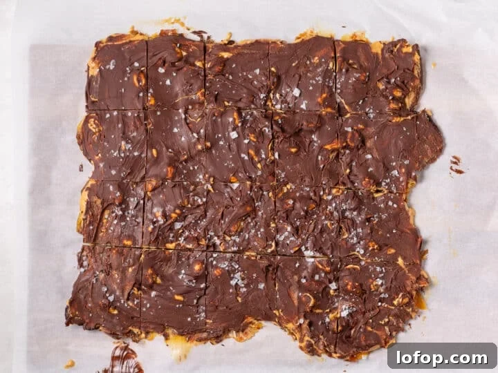 Chocolate peanut butter date bark cut into squares after cooling