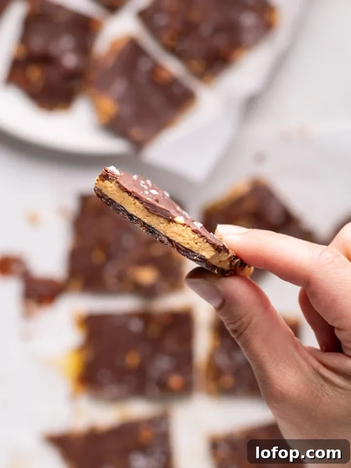 A hand holding a thin piece of peanut butter date bark with chocolate, peanuts, and flaky sea salt