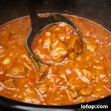 Scooping up lamb curry using a ladle from the slow cooker pot