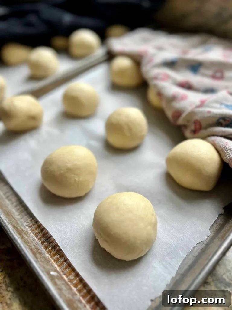 Shaped sourdough kolache dough balls proofing on a parchment-lined sheet pan.