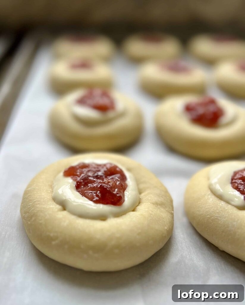 Unbaked sourdough kolaches with cream cheese and fruit jam filling on a baking sheet.