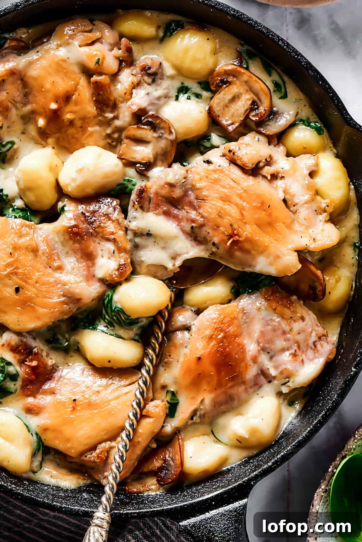 Creamy chicken with vegetable sauce close-up. Close-up shot of chicken cooked with a creamy vegetable sauce.