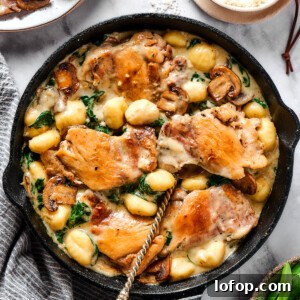 Creamy Chicken and Gnocchi Skillet with Garlic Parmesan Sauce 6 Creamy chicken and gnocchi in a cast-iron skillet.