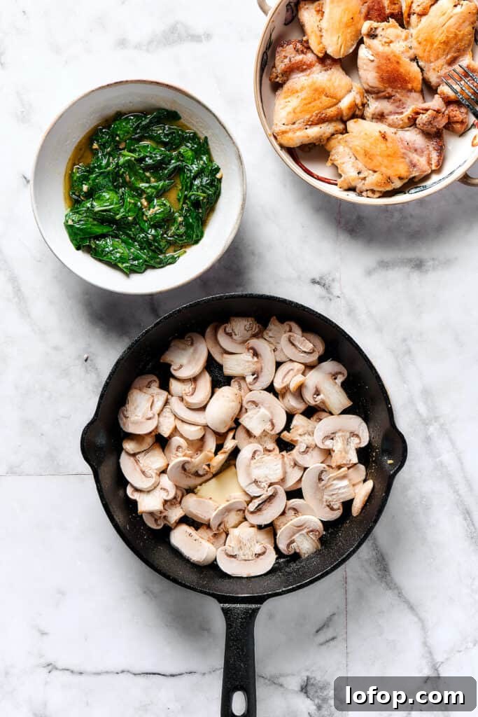 Creamy Chicken and Gnocchi Skillet with Garlic Parmesan Sauce 4 Sliced mushrooms cooking in a skillet.