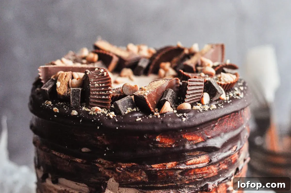 Dairy-Free Peanut Butter Chocolate Cake with Gluten-Free Option 2 Top half of a chocolate frosted cake covered in Reese's peanut butter cups and chocolate chips