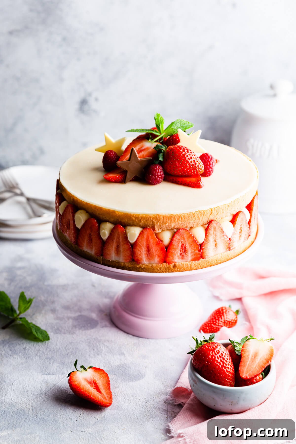 Classic French Fraisier Strawberry Cake Recipe 2 45 degree angle photo of fresh strawberry cake with creme mousseline