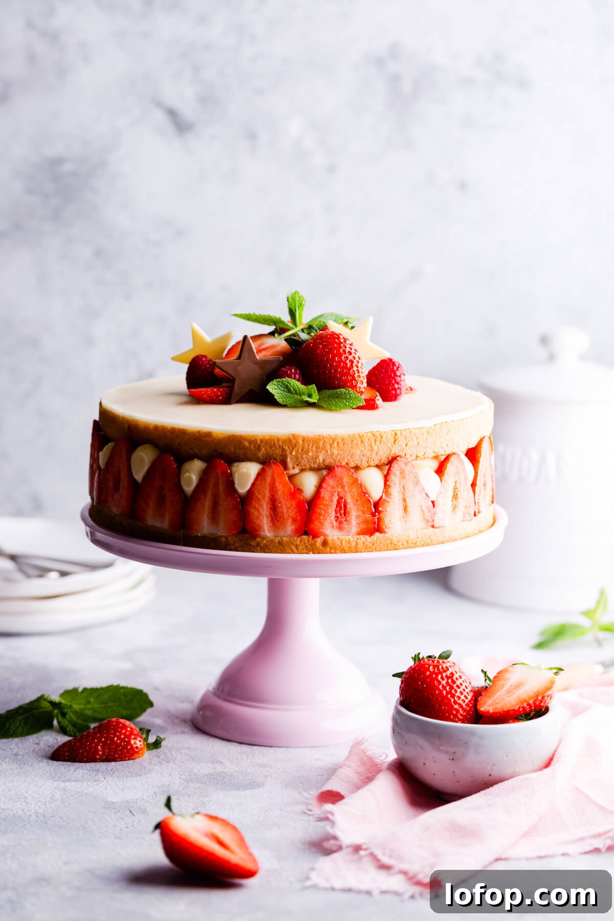 Classic French Fraisier Strawberry Cake Recipe 3 straight ahead view of a sponge cake with strawberries