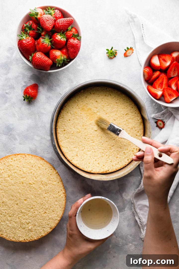 Classic French Fraisier Strawberry Cake Recipe 12 overhead shot of sponge disc being brushed with syrup