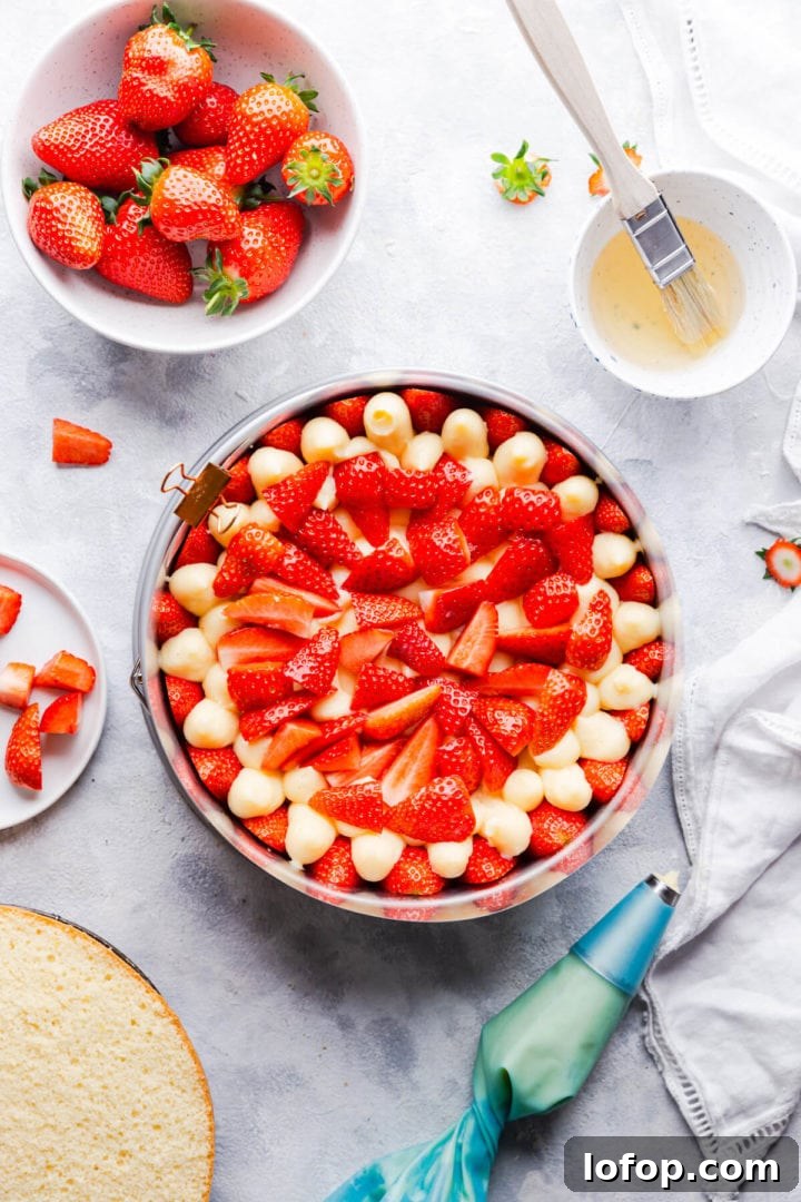 Classic French Fraisier Strawberry Cake Recipe 15 top view of sponge cake topped with fresh strawberries