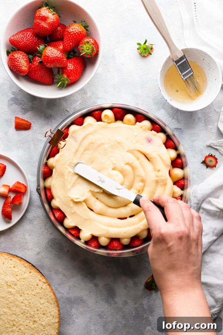 Classic French Fraisier Strawberry Cake Recipe 16 overhead shot of cake filling being spread with spatula
