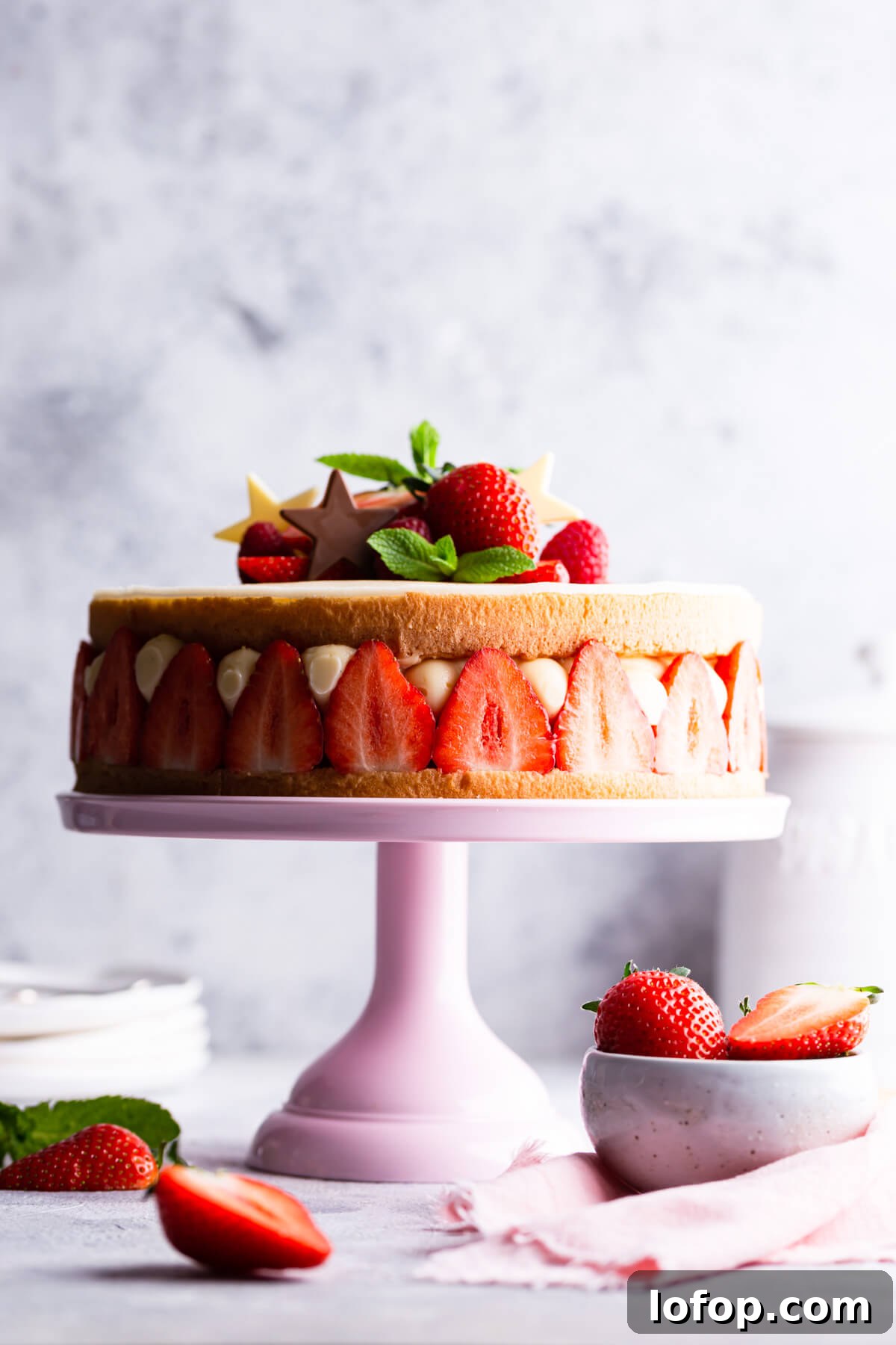 Classic French Fraisier Strawberry Cake Recipe 17 side close up of fraisier cake topped with fresh strawberries