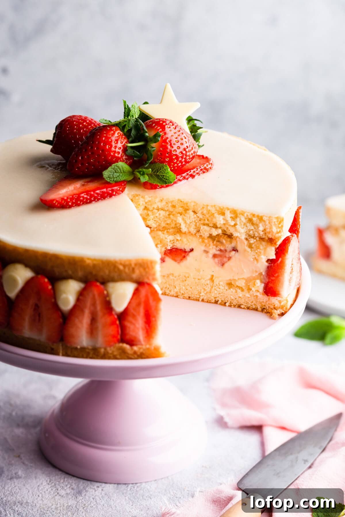 Classic French Fraisier Strawberry Cake Recipe 18 45 degree angle close up of fraisier cake with slice cut out