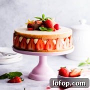Classic French Fraisier Strawberry Cake Recipe 19 side angle close up of a strawberry cake on a pink cake stand