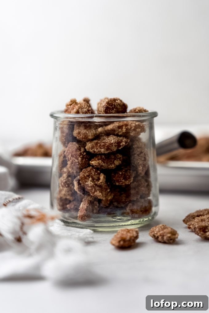 Cinnamon Sugar Candied Almonds Recipe | Crunchy Roasted Almonds 11 Candied almonds in a jar.