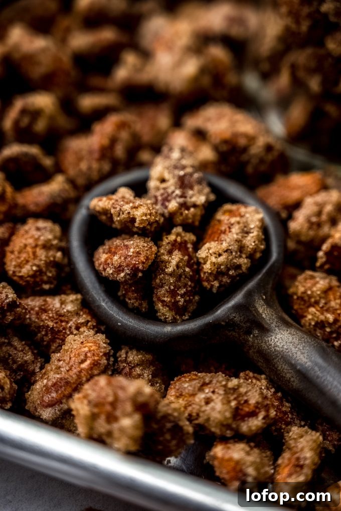 Cinnamon Sugar Candied Almonds Recipe | Crunchy Roasted Almonds 10 Aerial photo of a serving spoon scooping up candied almonds from a baking sheet.