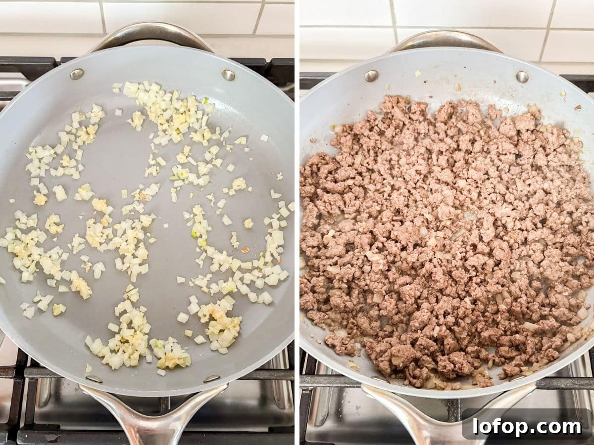 Ultimate Cheesy Baked Spaghetti Recipe for Comfort Dinner 5 Onions and garlic sautéing in a pan and then browned ground beef cooking in the pan.