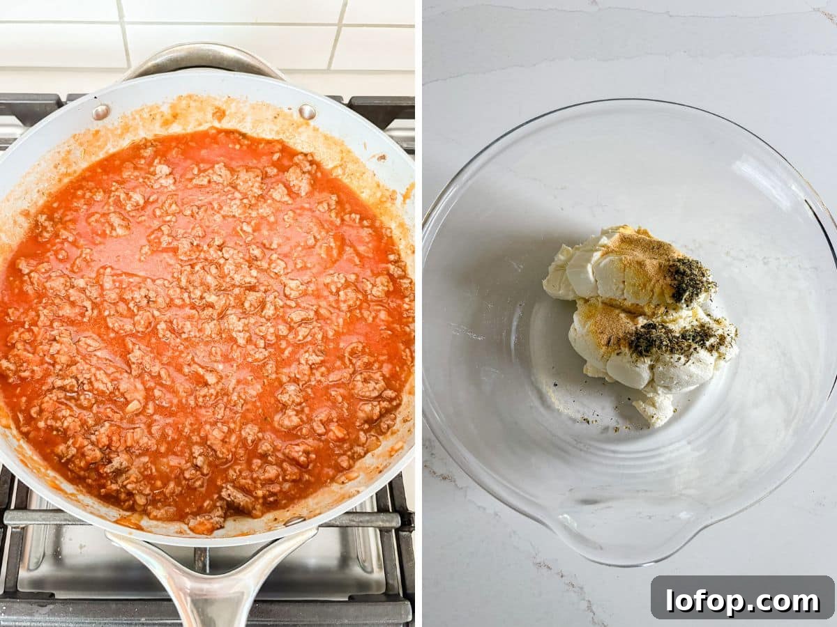 Ultimate Cheesy Baked Spaghetti Recipe for Comfort Dinner 6 Sauce mixed in with the beef and the cheese ingredients in a mixing bowl.