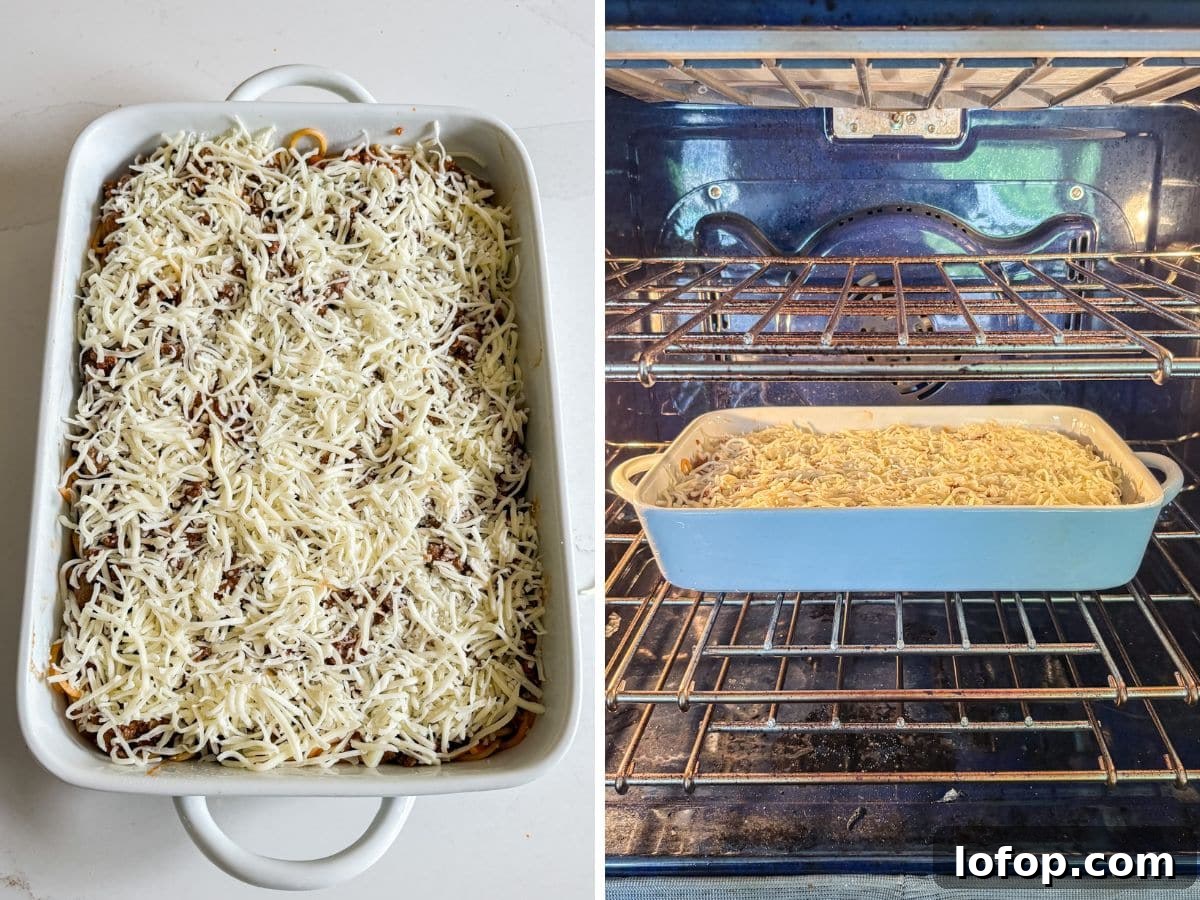 Ultimate Cheesy Baked Spaghetti Recipe for Comfort Dinner 9 Shredded cheese on top of the pasta mixture and then the pan un the oven to bake.
