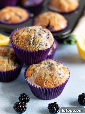 Blackberry and lemon muffins stacked up