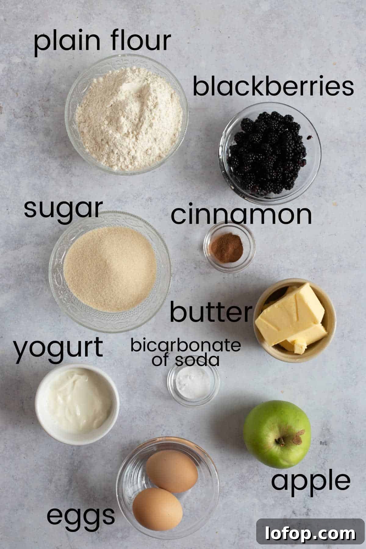 Ingredients for apple and blackberry muffins.