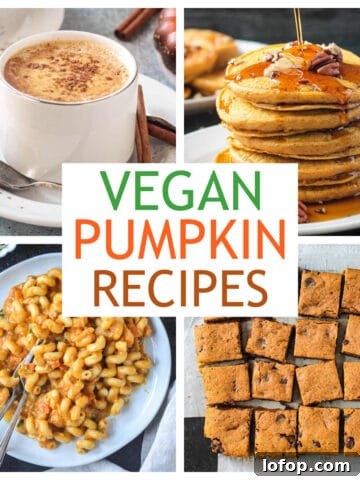 Four photo collage of a variety of vegan pumpkin recipes.