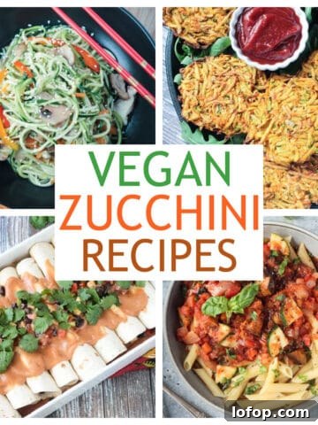 Four photo collage of a variety of vegan zucchini recipes.