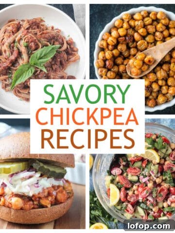 Four photo collage of a variety of savory vegan chickpea recipes.