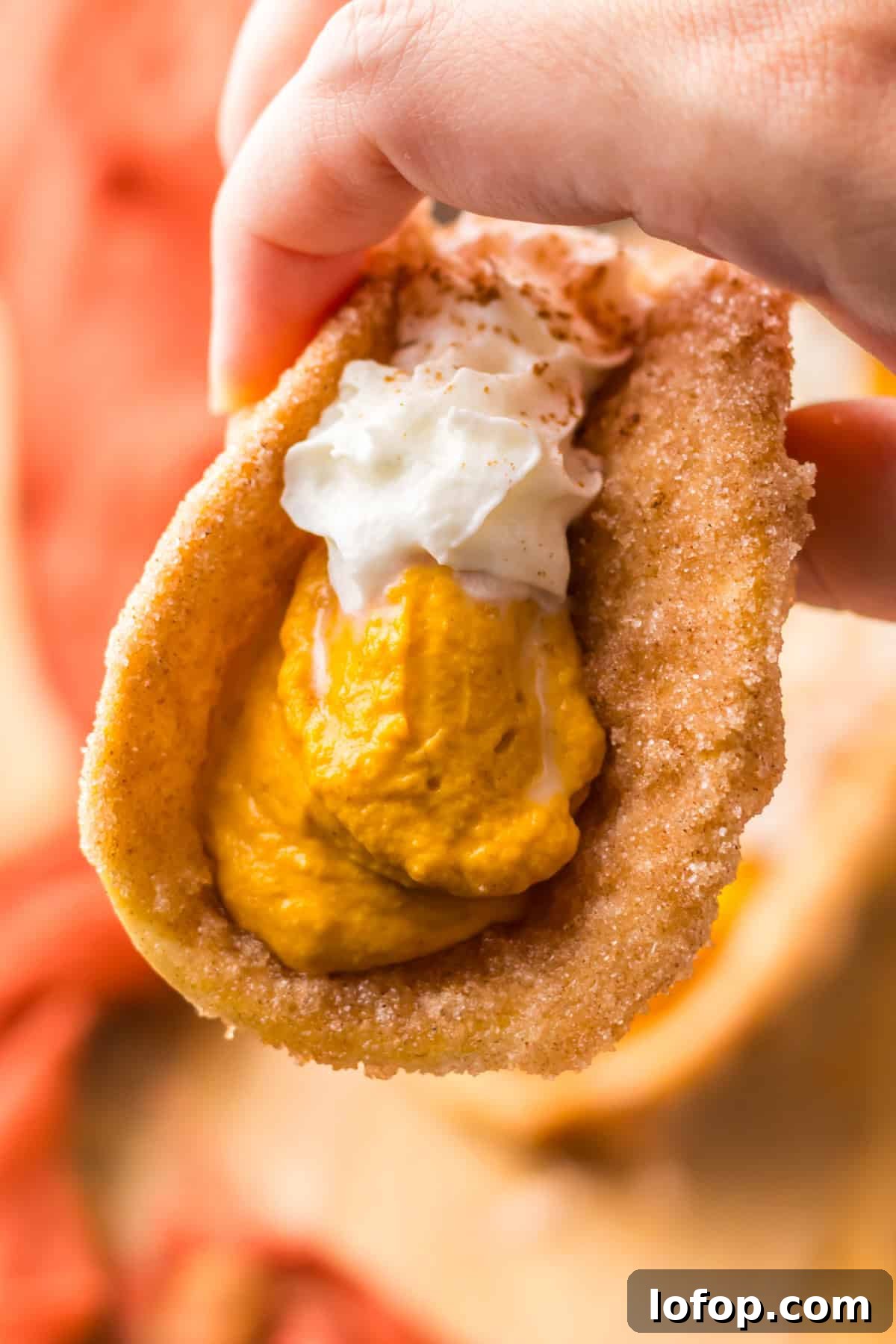 hand holding a pumpkin pie taco