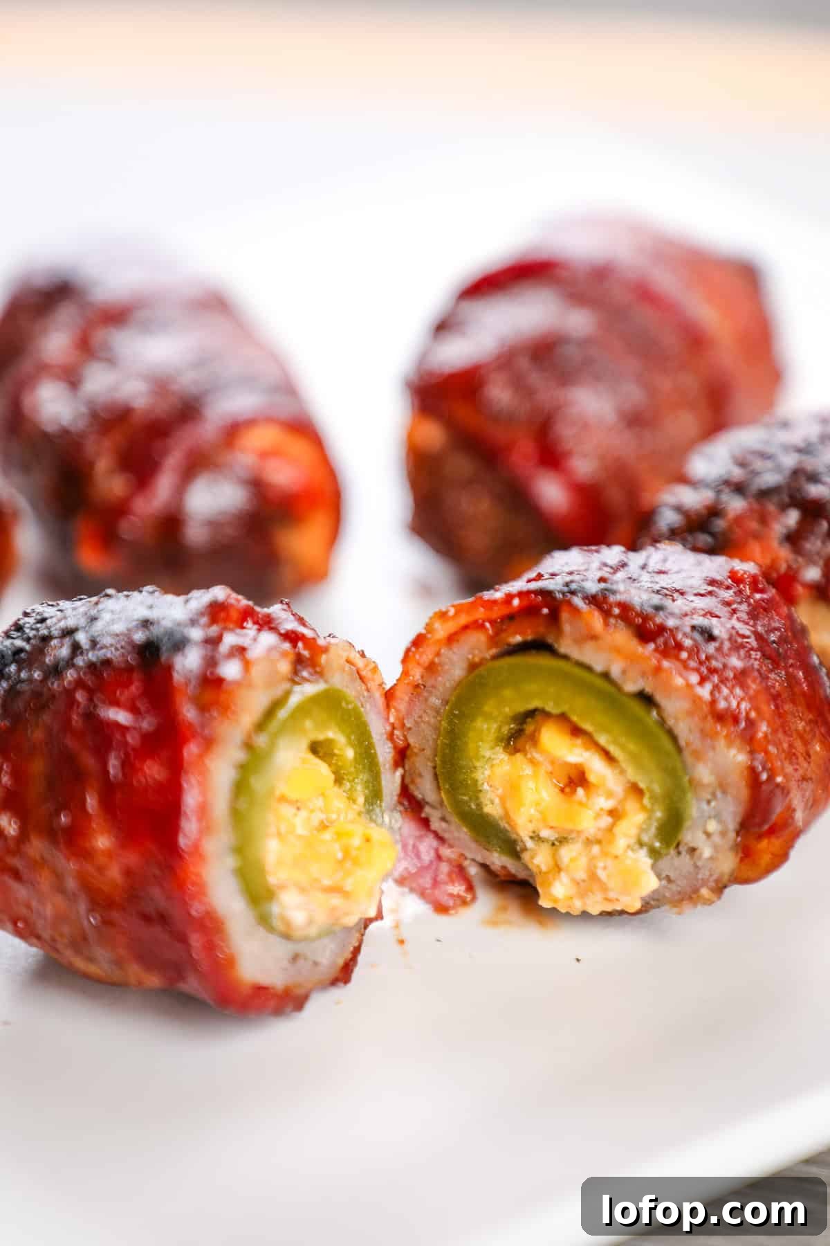 Crispy bacon-wrapped jalapeño poppers with creamy cheese filling on a white plate.