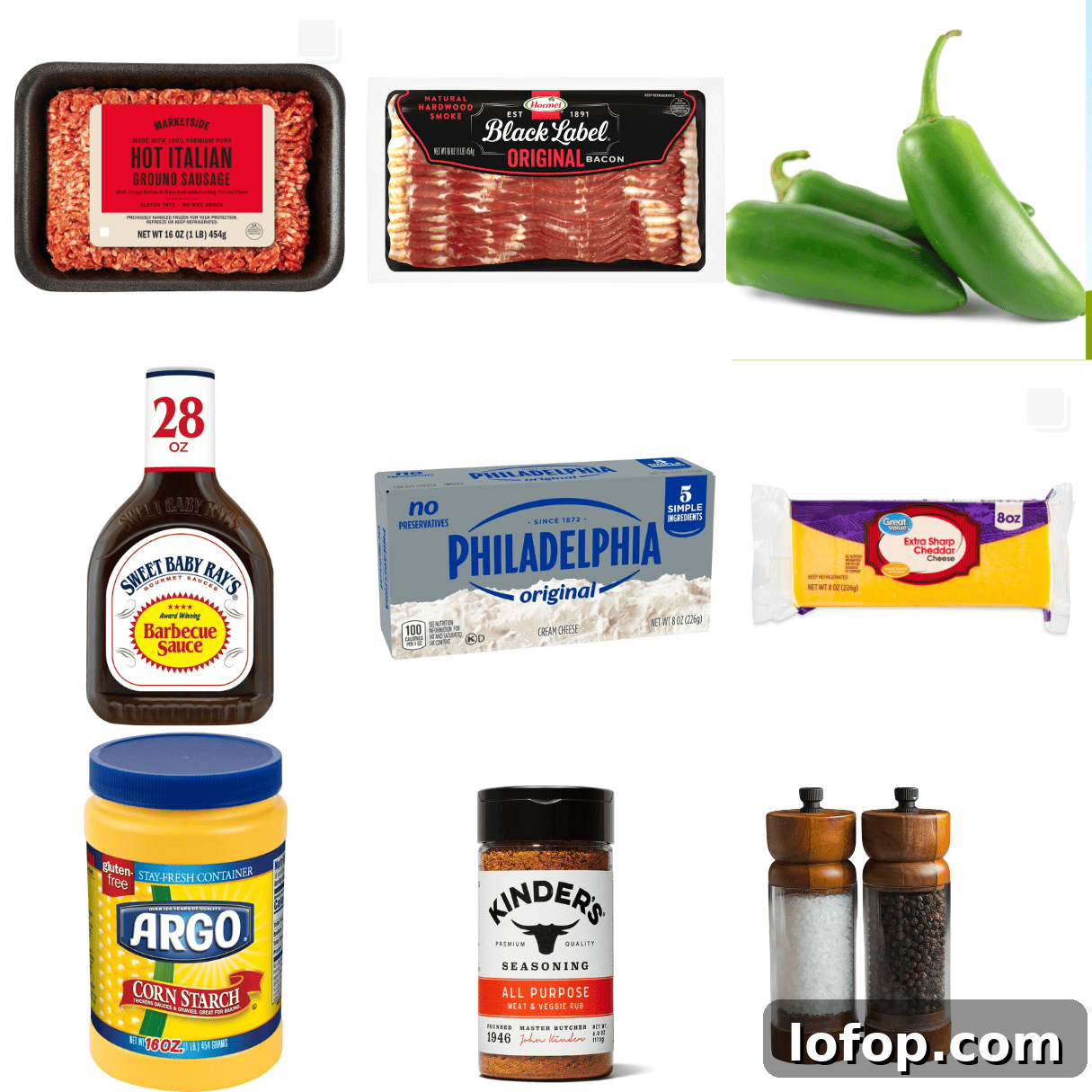 ingredients including hot sausage, bacon, jalapenos, BBQ sauce, cream cheese, cheddar cheese, and cornstarch.