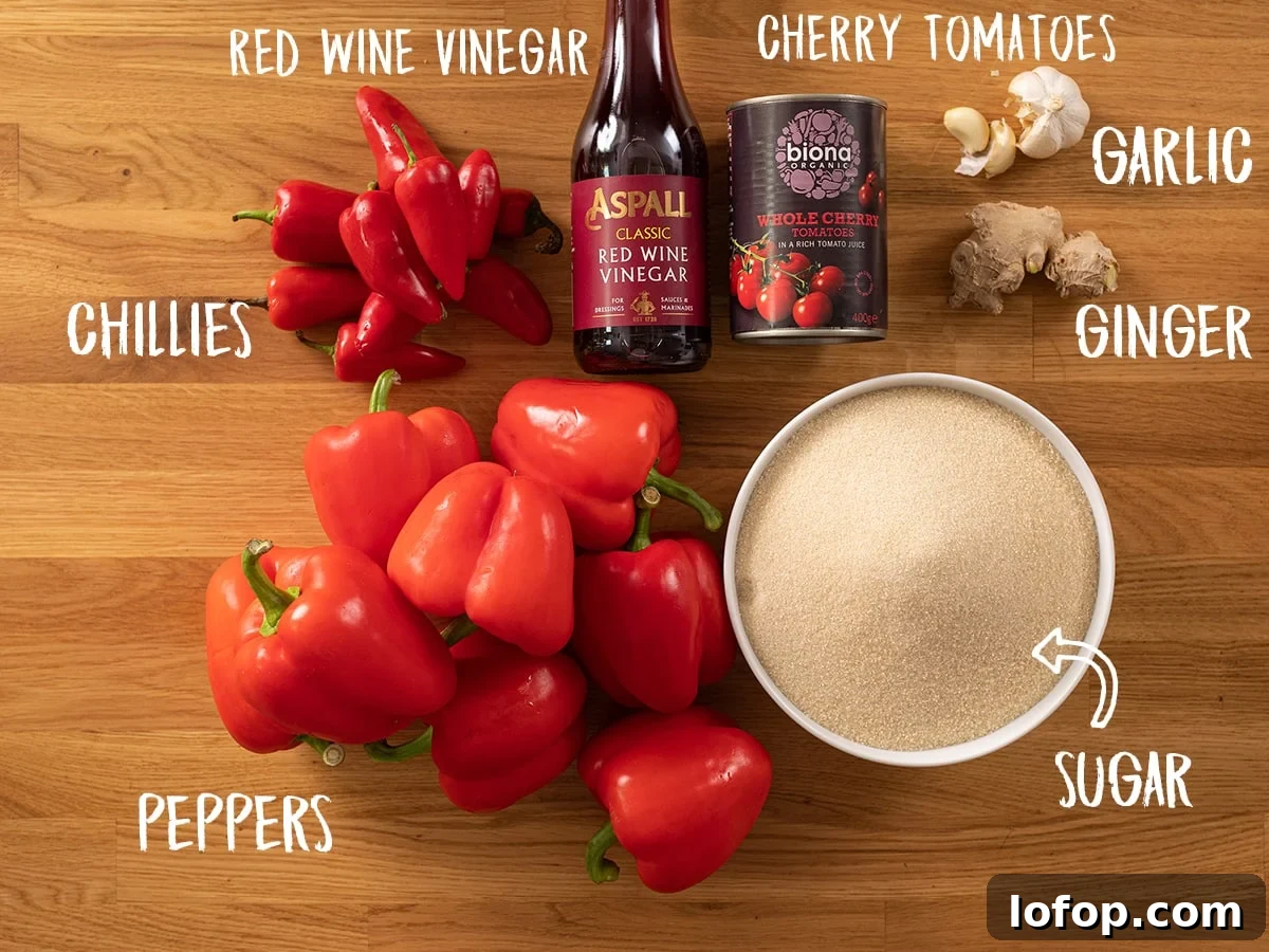 Ingredients for sweet chilli sauce on a wooden table