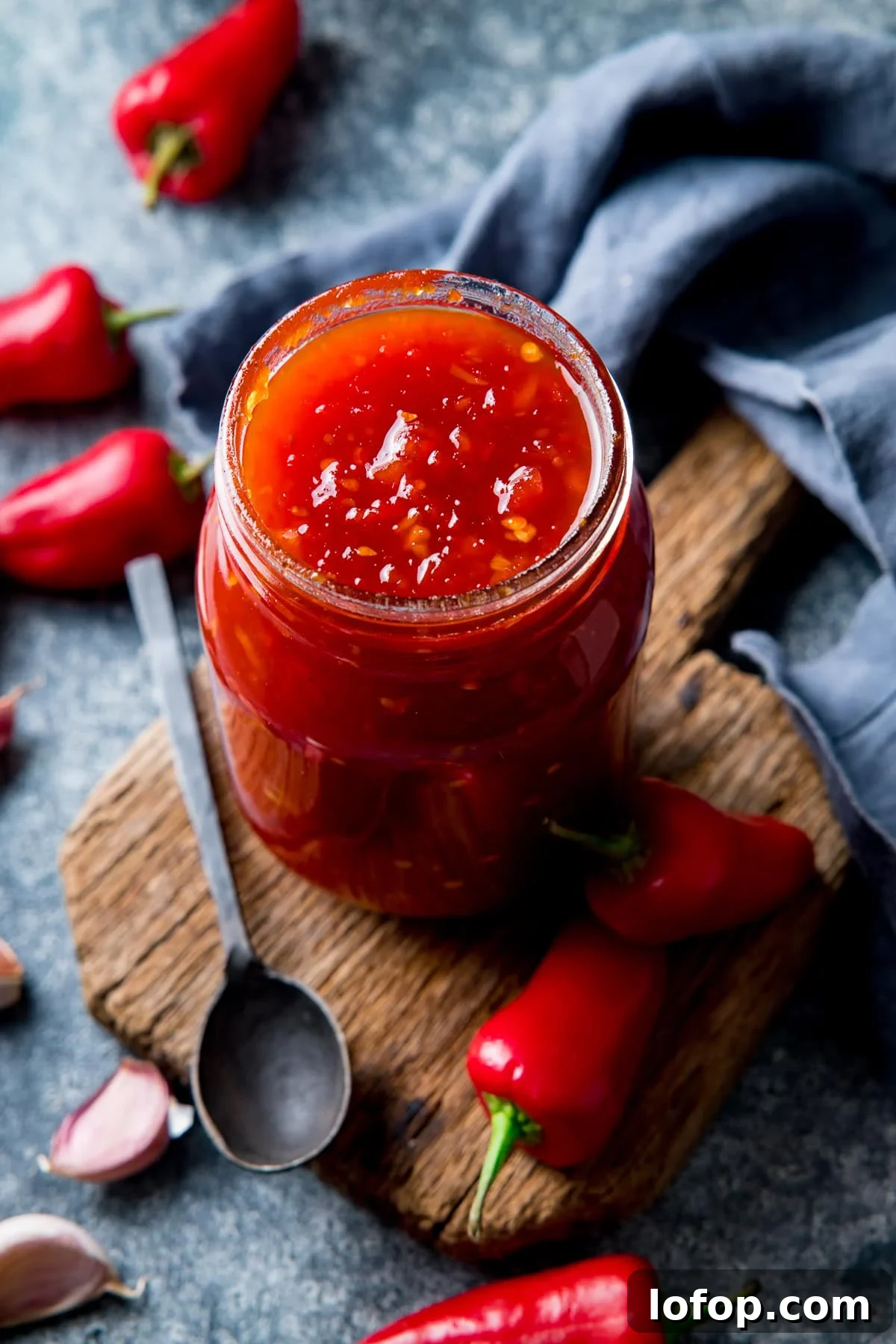 Sweet chilli sauce in a jar surrounding by ingredients on a blue background