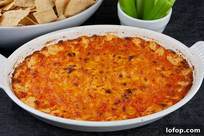Creamy Buffalo Chicken Dip Recipe for Game Day and Parties 6 Buffalo Chicken Dish - baked dip in a white casserole dish