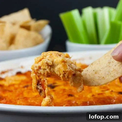 Creamy Buffalo Chicken Dip Recipe for Game Day and Parties 8 Buffalo chicken dip lifted out of the baking dish with a tortilla chip.