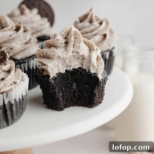 Chocolate cupcakes covered in Oreo frosting.