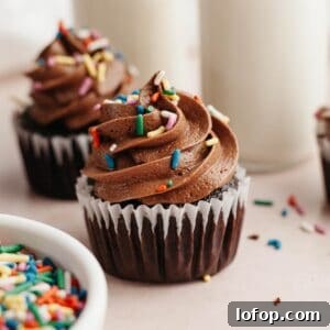 Decadent Chocolate Cupcakes with Cream Cheese Frosting 17 Two chocolate cupcakes with chocolate frosting and rainbow sprinkles.