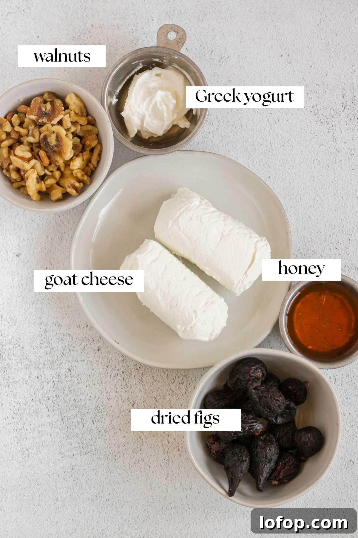 Whipped Goat Cheese and Honey Dip — 5-Ingredient Recipe 3 Labeled ingredients for whipped goat cheese dip.