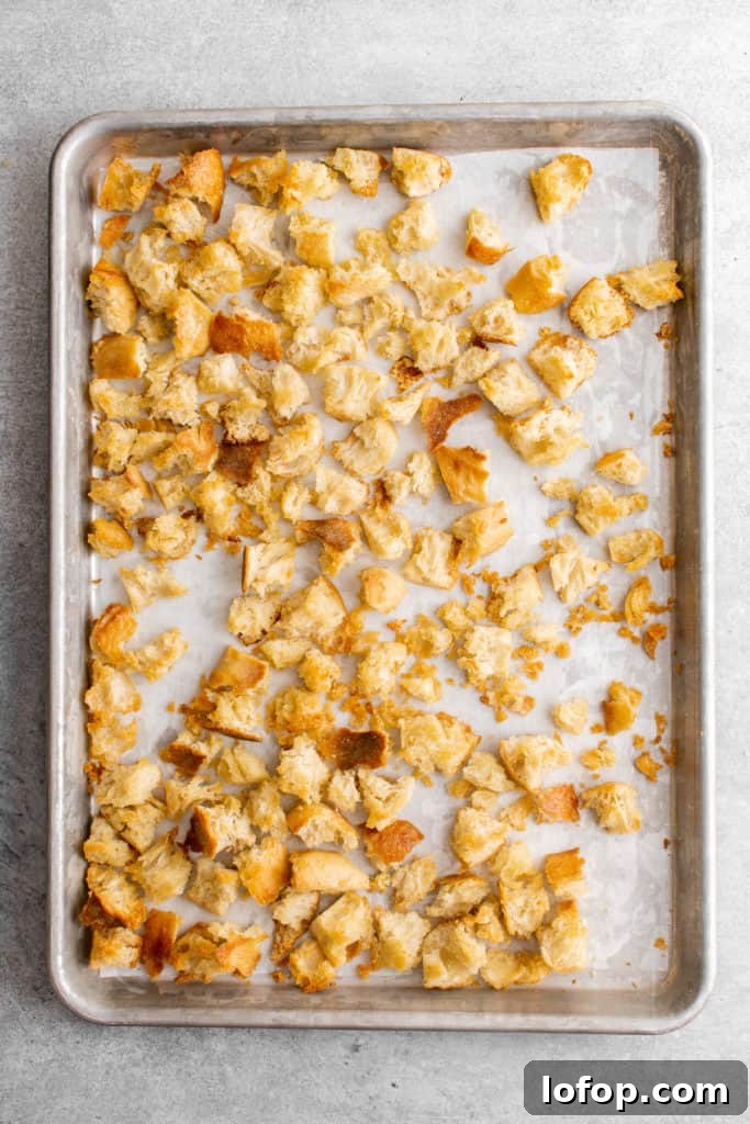 Top down view of croutons on a baking sheet.