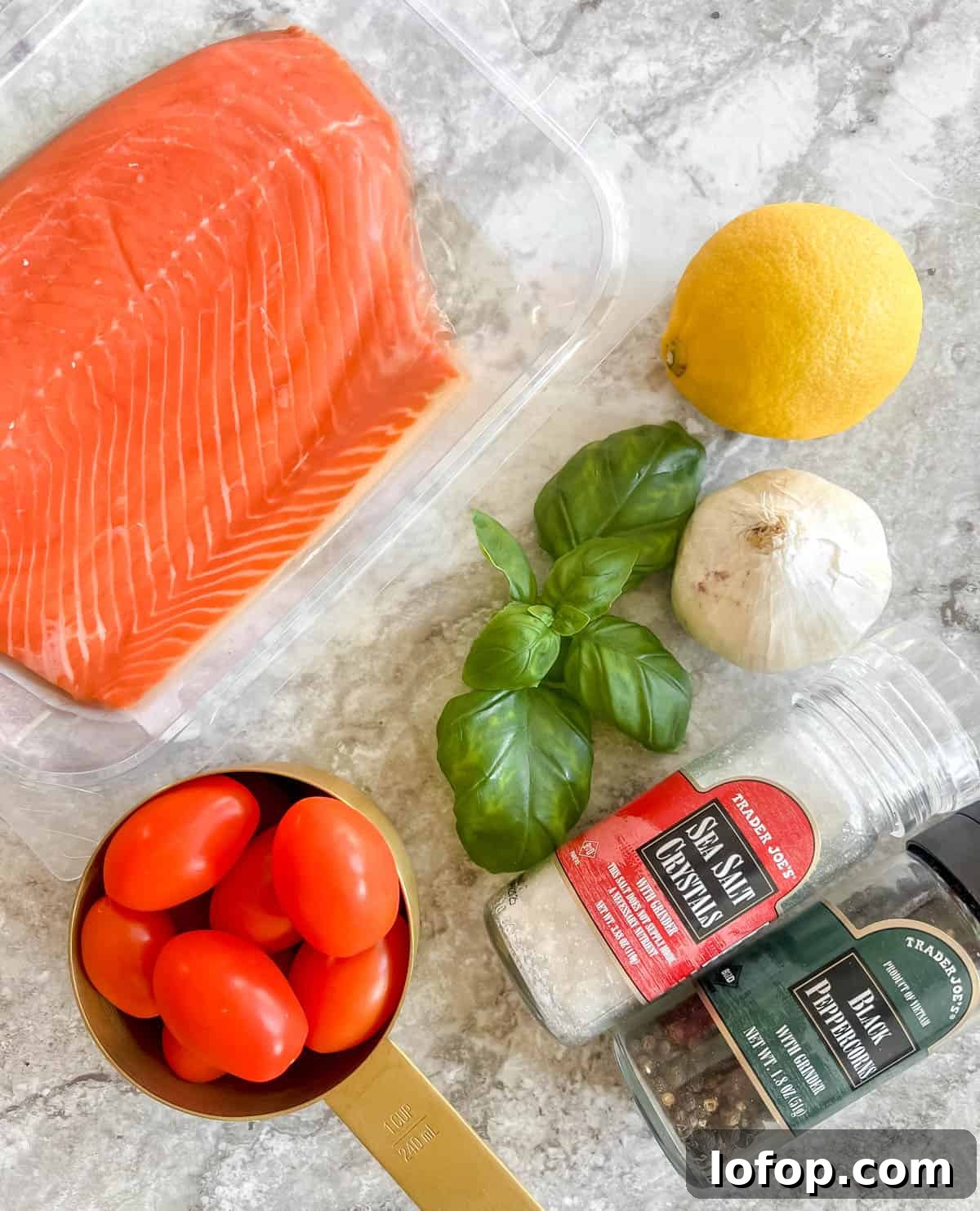 Ingredients needed to make Oven Baked Basil Tomato Salmon in Foil.