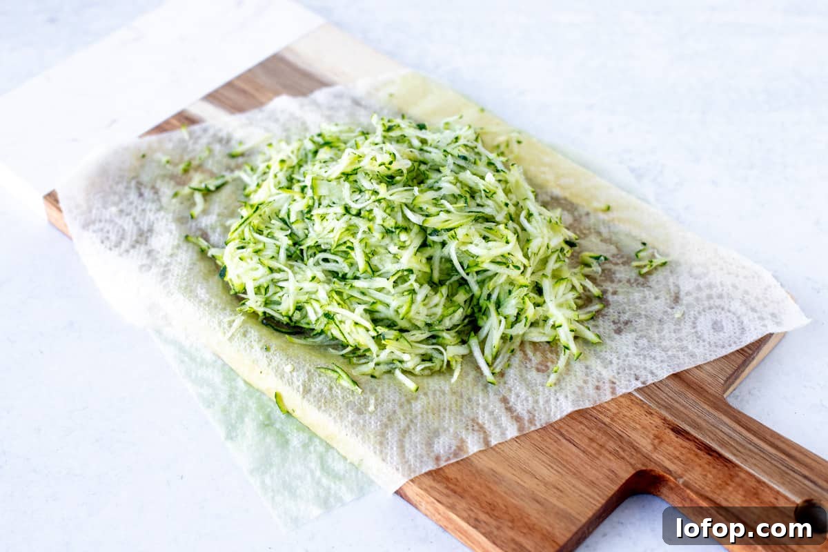 Finely grated zucchini on wooden chopping board