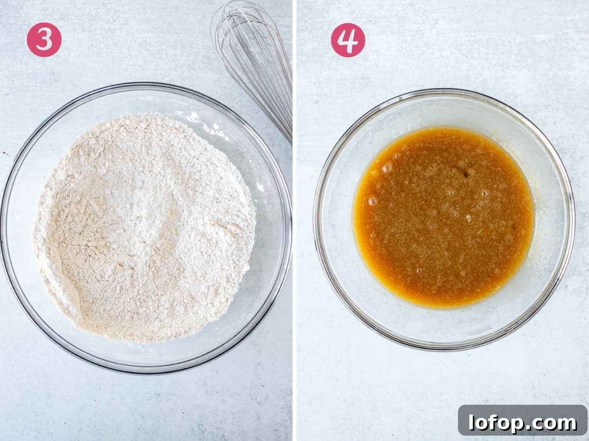 Bowl of whisked dry ingredients and bowl of wet ingredients whisked together