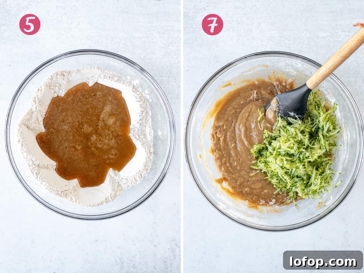 Bowl of dry ingredients with wet ingredients poured in and bowl of muffin batter with shredded zucchini
