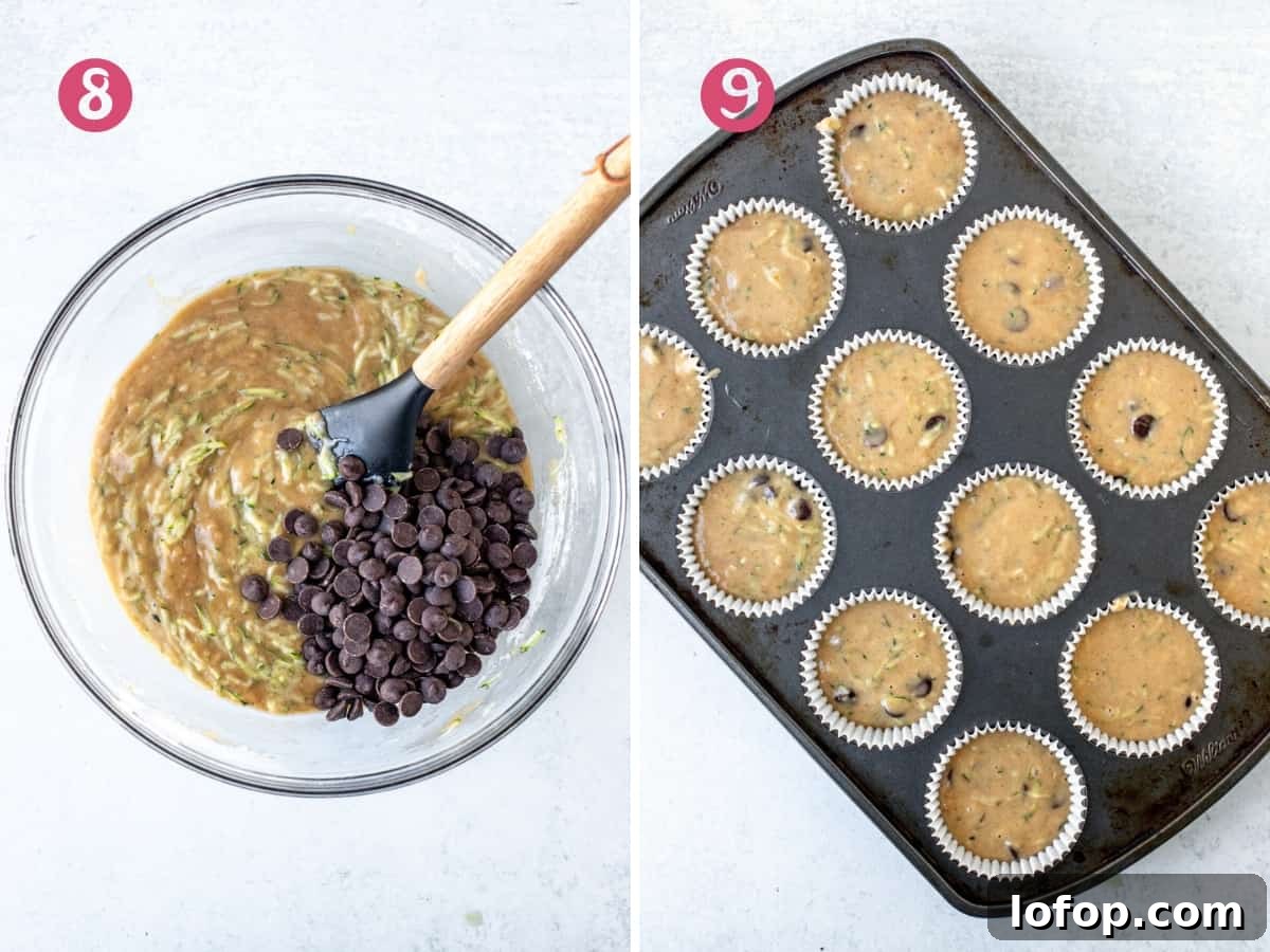Bowl of zucchini chocolate chip muffin batter, and muffin tin with unbaked zucchini chocolate chip muffins