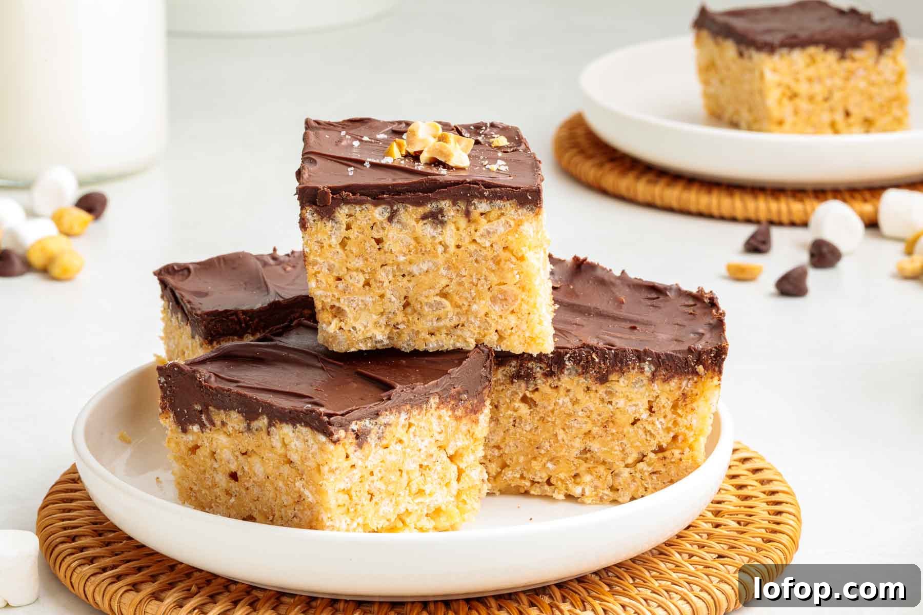 Chocolate Peanut Butter Rice Krispie Treat Recipe 12 A pyramid stack of peanut butter chocolate Rice Krispies treats.