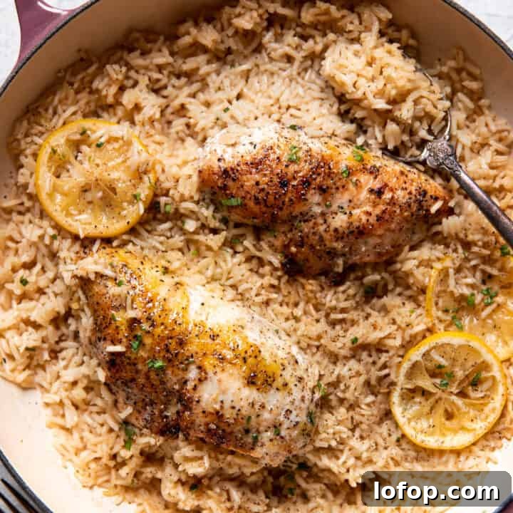 lemon chicken and rice in a pan.