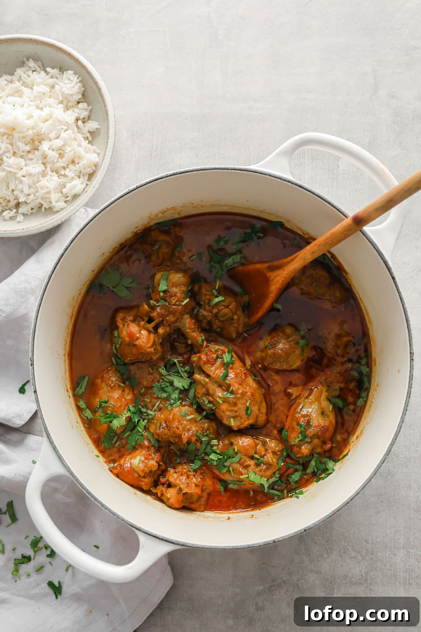 Chicken Curry in a Dutch oven with basmati white rice served on the side