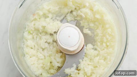 Finely chopped onions in a food processor